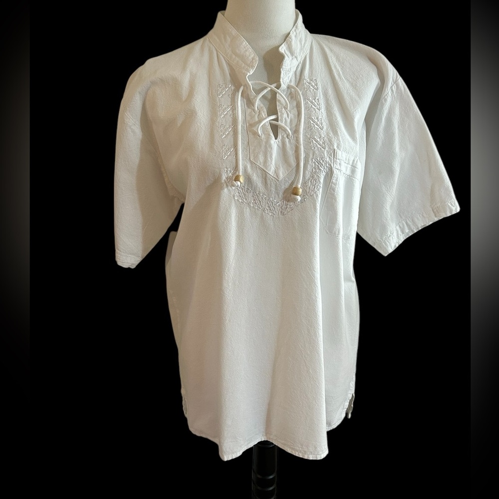 White Short Sleeve Blouse with Lace-Up V-Neck Detail